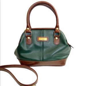 Vintage Liz Claiborne Forest Green and Brown Leather Crossbody Mini Bowling Bag